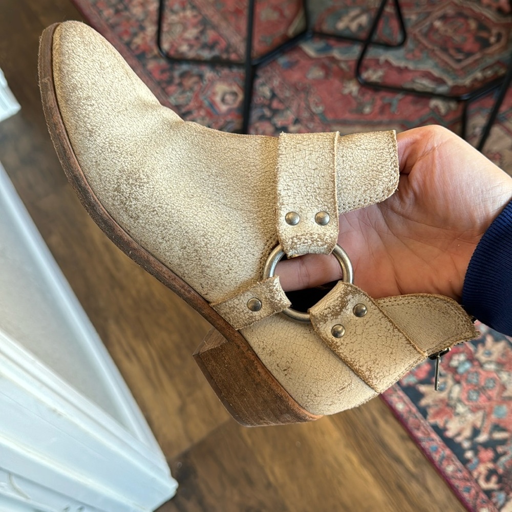 Frye distressed booties with harness Ray